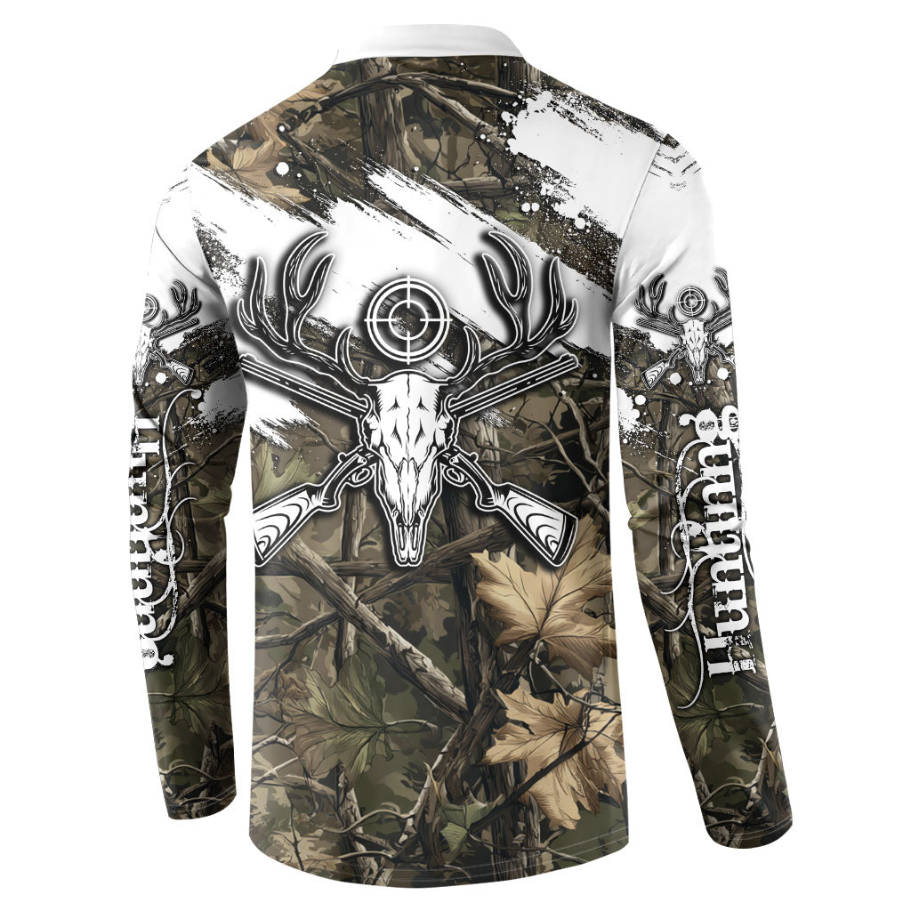 Deer Skull Hunting Button Sweatshirt Camo Forest Grunge Buck Skull Crossed Rifles Target