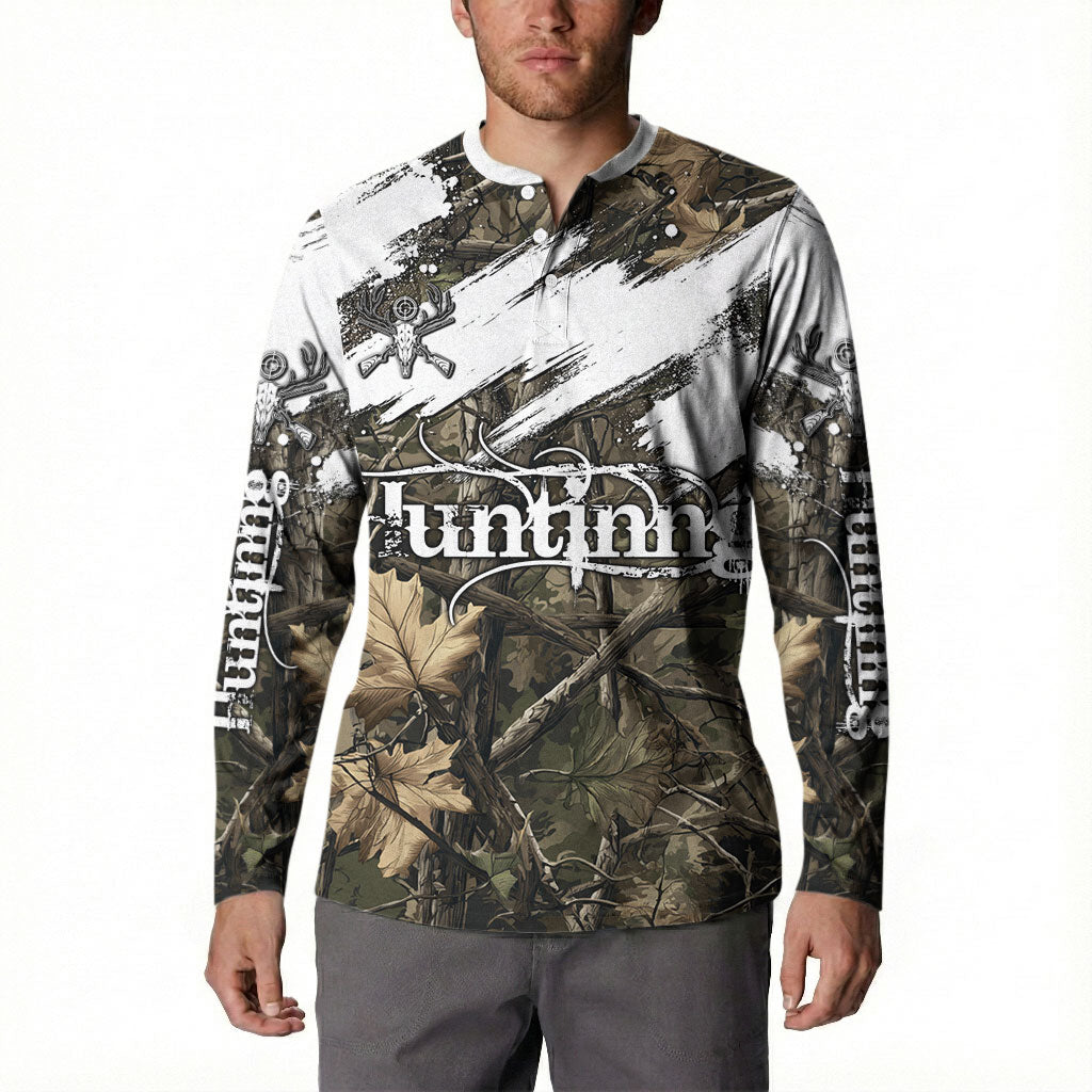 Deer Skull Hunting Button Sweatshirt Camo Forest Grunge Buck Skull Crossed Rifles Target