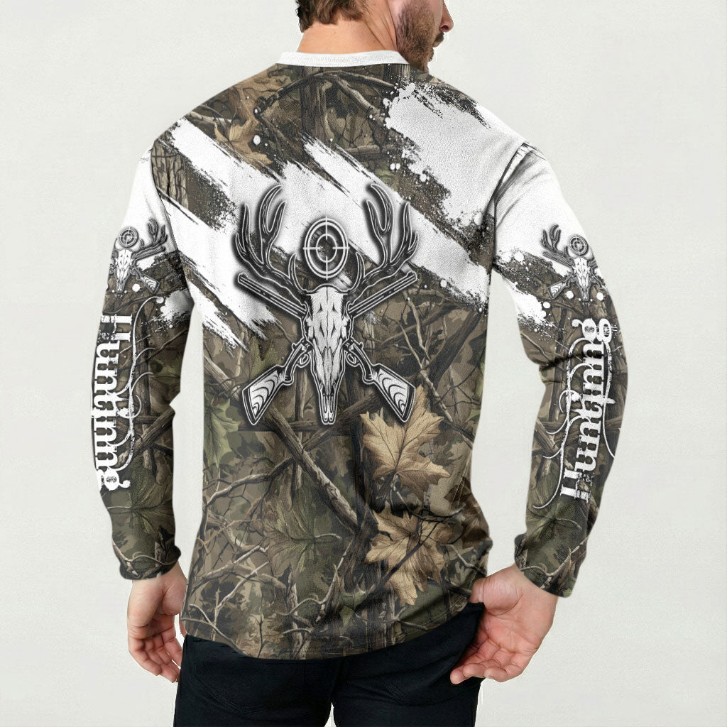 Deer Skull Hunting Button Sweatshirt Camo Forest Grunge Buck Skull Crossed Rifles Target
