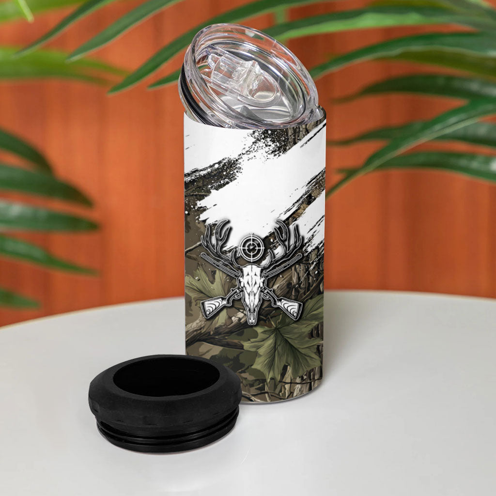 Deer Skull Hunting 4 in 1 Can Cooler Tumbler Camo Forest Grunge Buck Skull Crossed Rifles Target