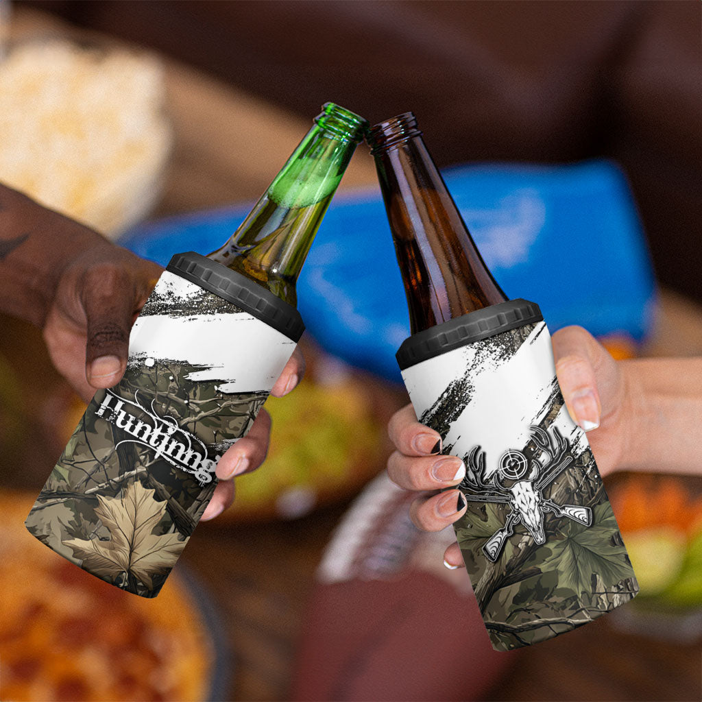 Deer Skull Hunting 4 in 1 Can Cooler Tumbler Camo Forest Grunge Buck Skull Crossed Rifles Target