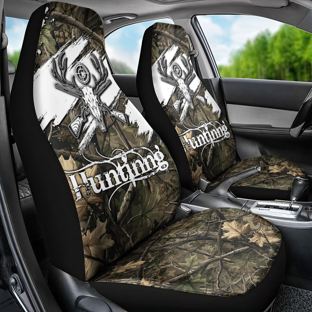 Deer Skull Hunting Car Seat Cover Camo Forest Grunge Buck Skull Crossed Rifles Target