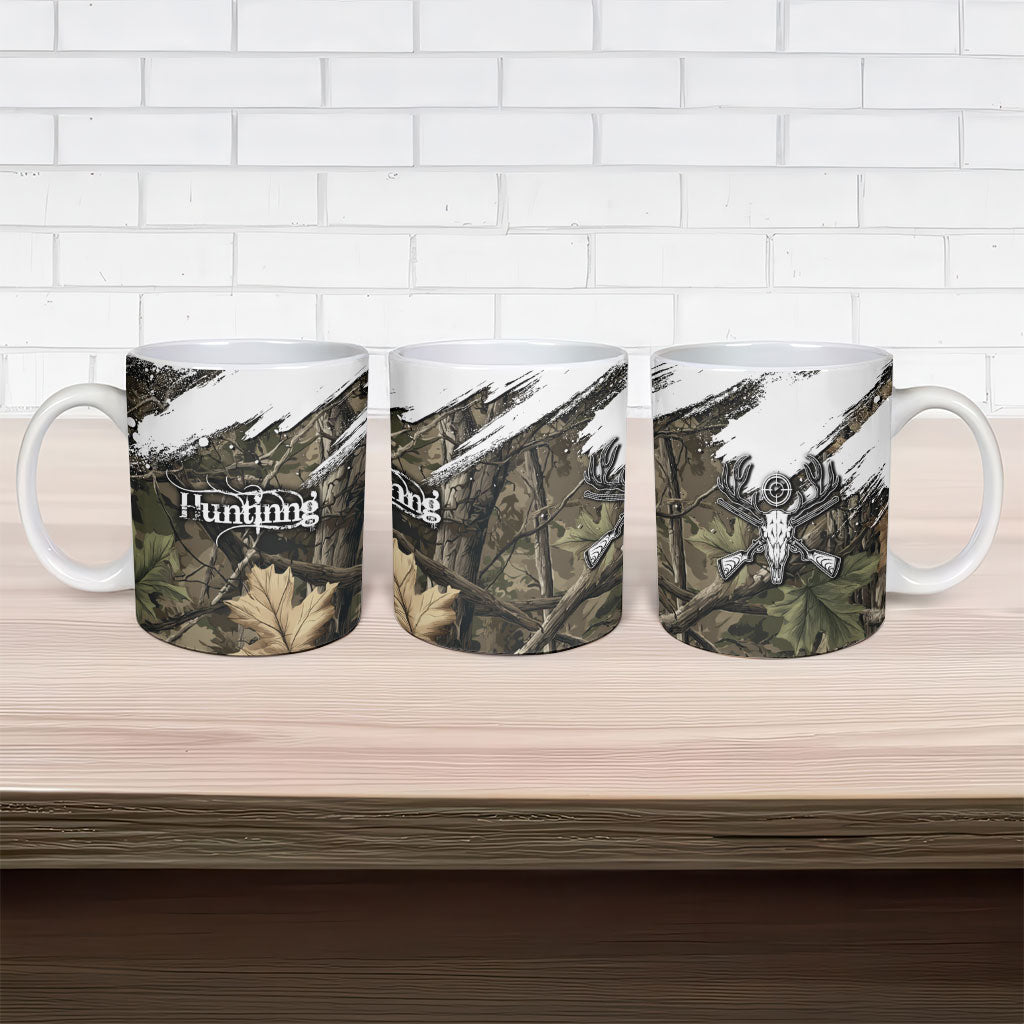 Deer Skull Hunting Ceramic Mug Camo Forest Grunge Buck Skull Crossed Rifles Target