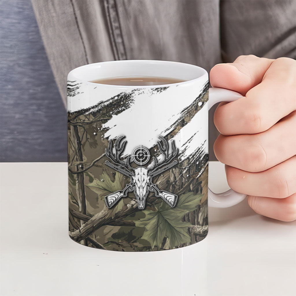 Deer Skull Hunting Ceramic Mug Camo Forest Grunge Buck Skull Crossed Rifles Target