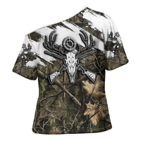 Deer Skull Hunting Cross Shoulder Shirt Camo Forest Grunge Buck Skull Crossed Rifles Target