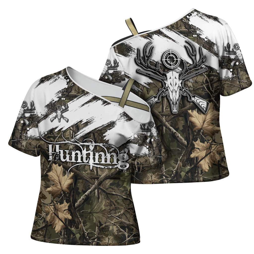 Deer Skull Hunting Cross Shoulder Shirt Camo Forest Grunge Buck Skull Crossed Rifles Target