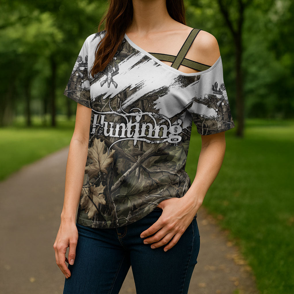 Deer Skull Hunting Cross Shoulder Shirt Camo Forest Grunge Buck Skull Crossed Rifles Target