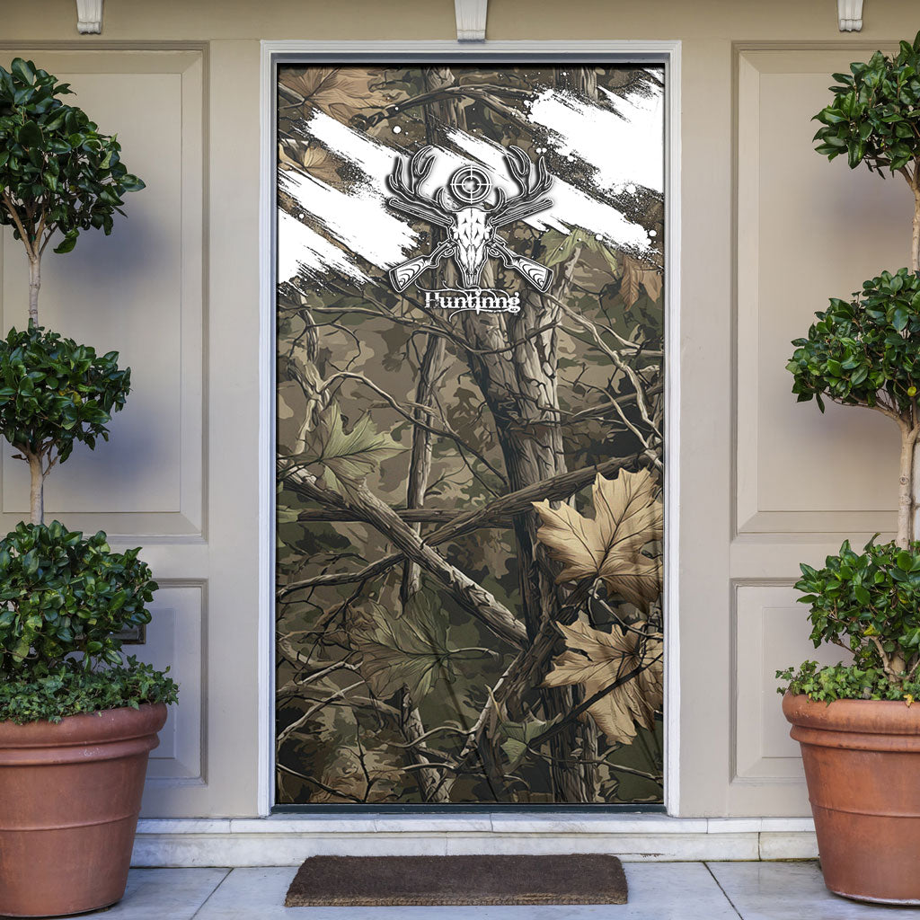 Deer Skull Hunting Door Cover Camo Forest Grunge Buck Skull Crossed Rifles Target