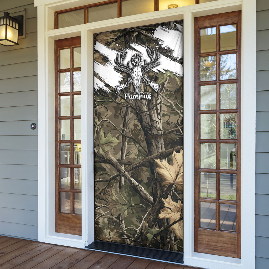 Deer Skull Hunting Door Cover Camo Forest Grunge Buck Skull Crossed Rifles Target