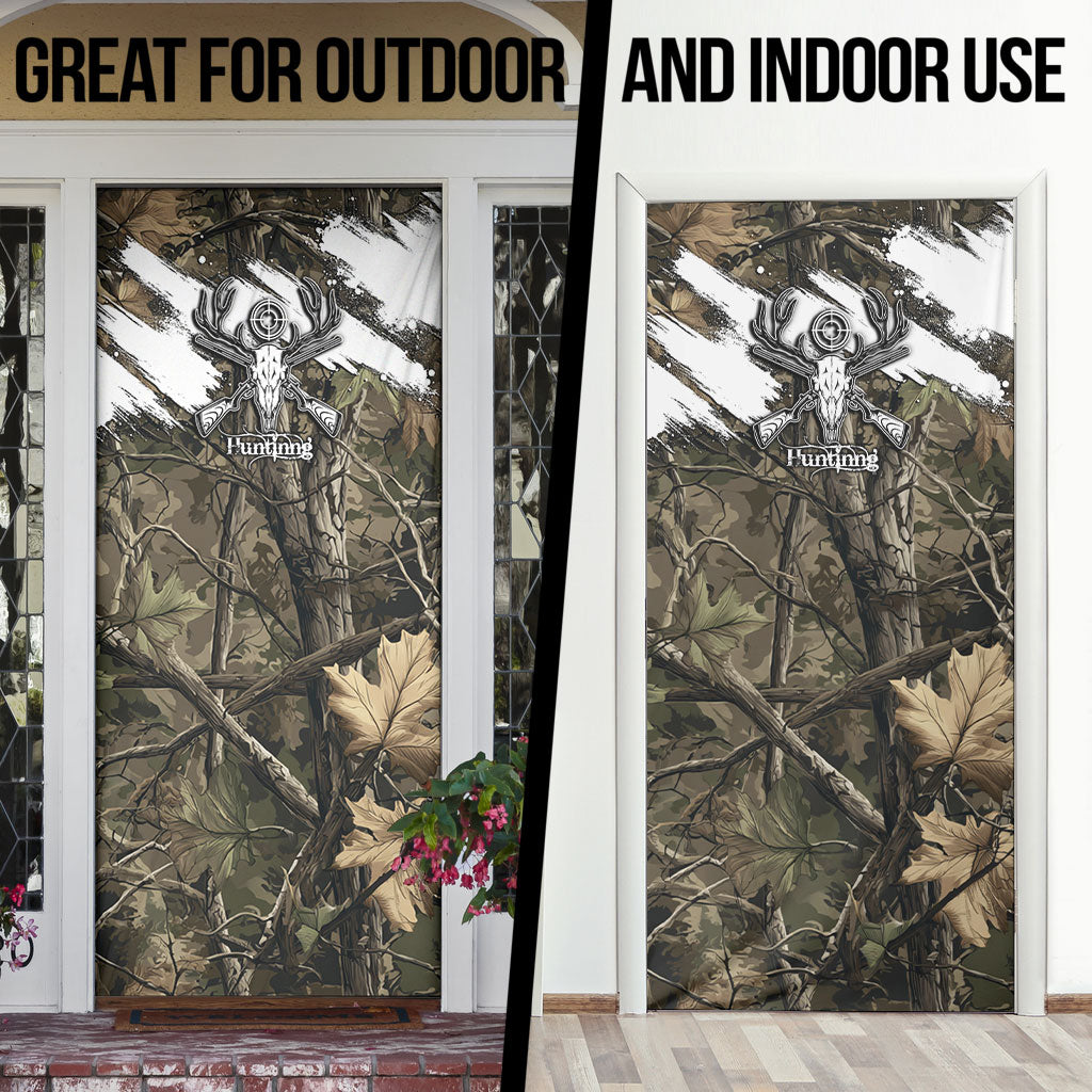 Deer Skull Hunting Door Cover Camo Forest Grunge Buck Skull Crossed Rifles Target