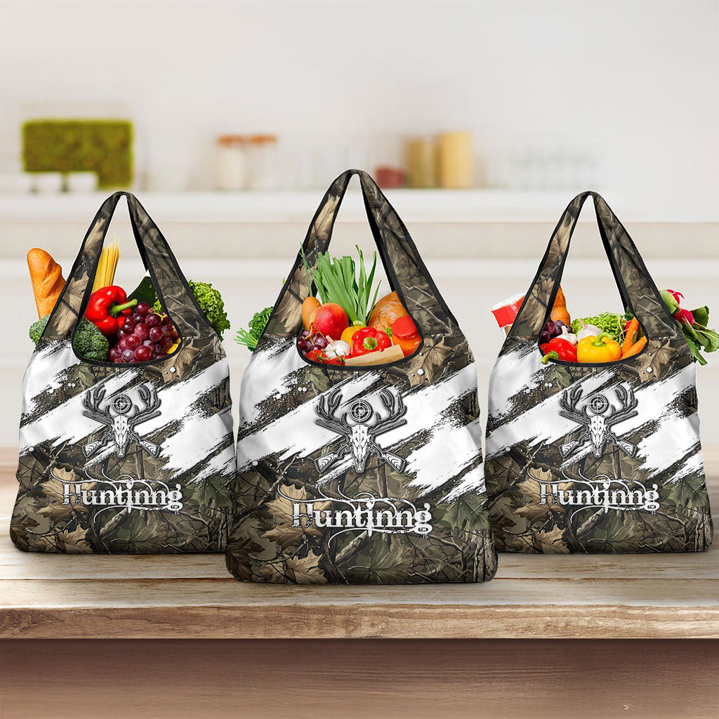 Deer Skull Hunting Grocery Bag Camo Forest Grunge Buck Skull Crossed Rifles Target