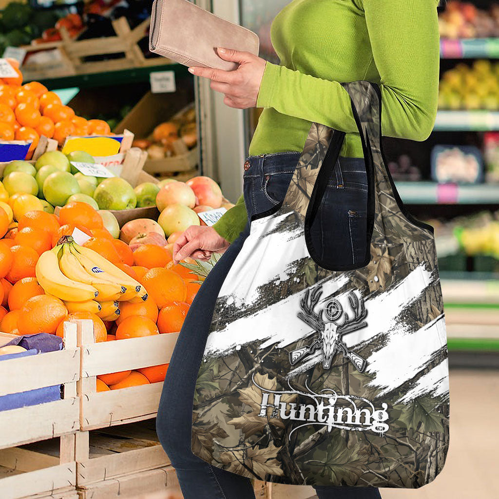 Deer Skull Hunting Grocery Bag Camo Forest Grunge Buck Skull Crossed Rifles Target