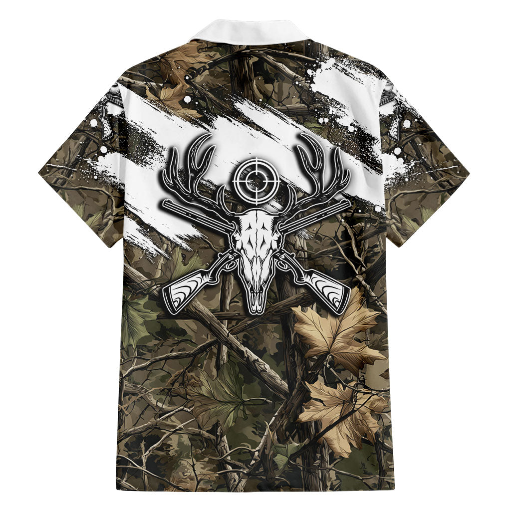 Deer Skull Hunting Hawaiian Shirt Camo Forest Grunge Buck Skull Crossed Rifles Target