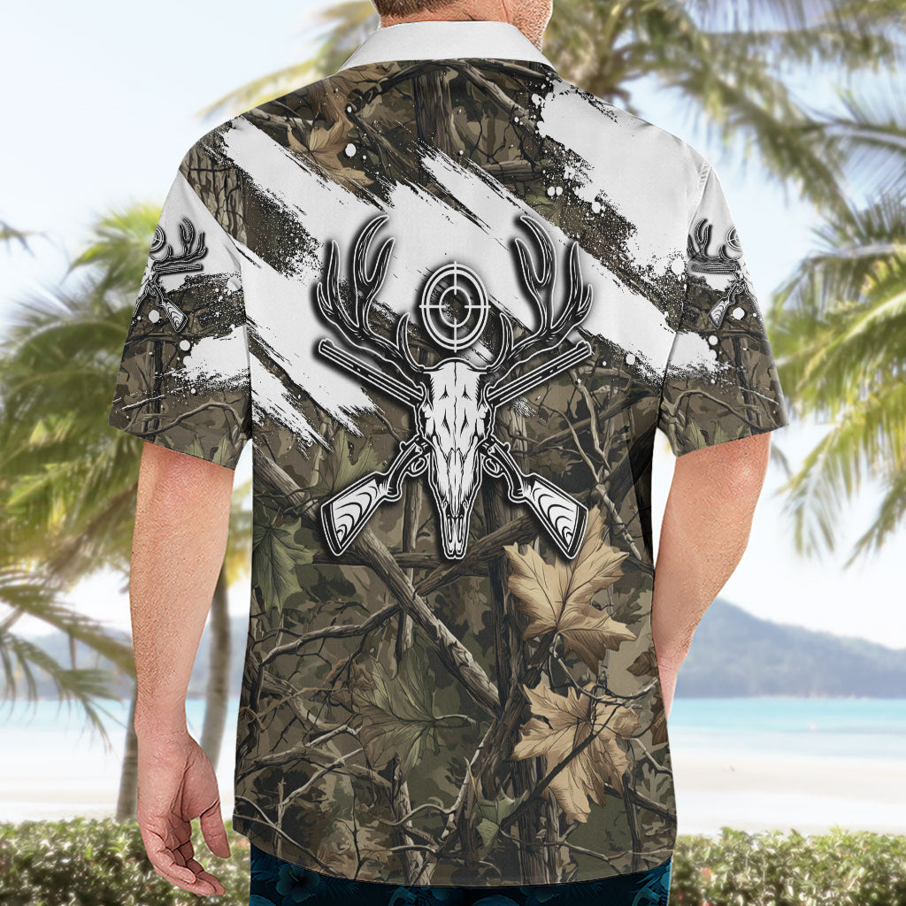 Deer Skull Hunting Hawaiian Shirt Camo Forest Grunge Buck Skull Crossed Rifles Target