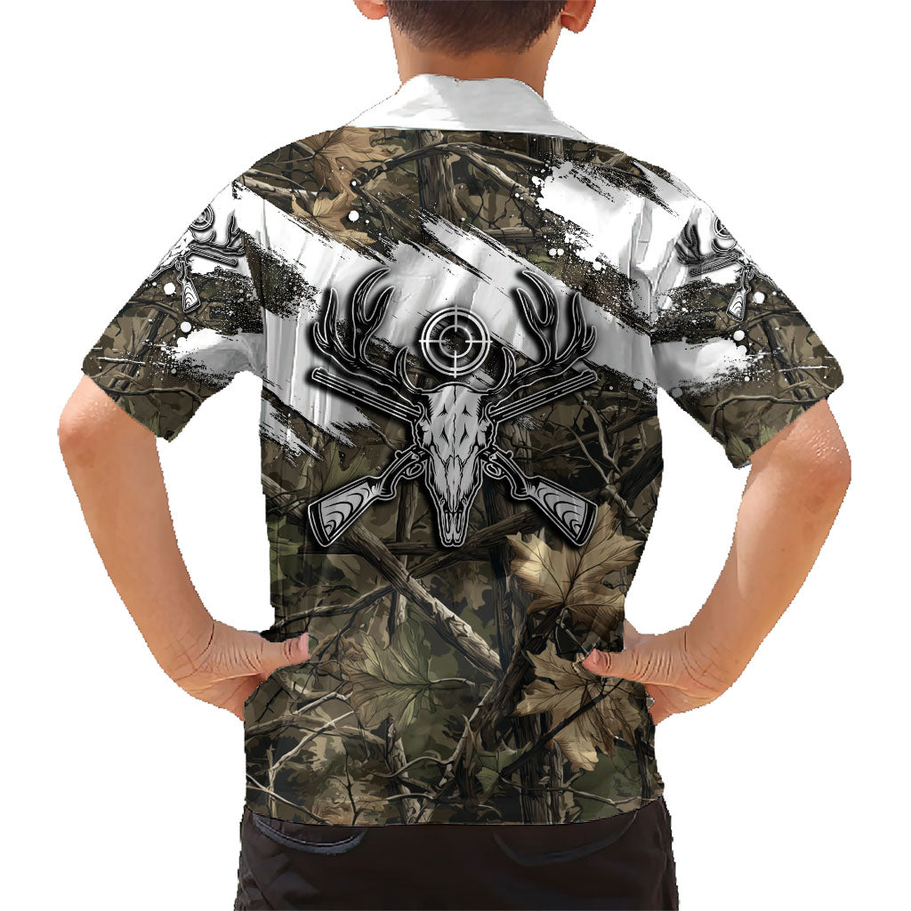 Deer Skull Hunting Hawaiian Shirt Camo Forest Grunge Buck Skull Crossed Rifles Target