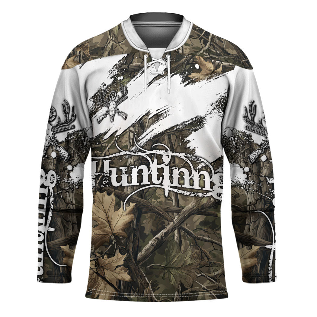 Deer Skull Hunting Hockey Jersey Camo Forest Grunge Buck Skull Crossed Rifles Target