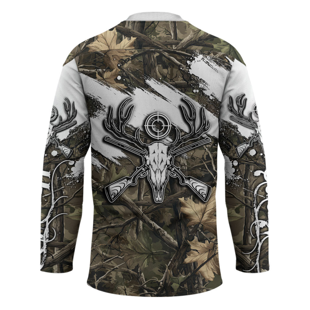 Deer Skull Hunting Hockey Jersey Camo Forest Grunge Buck Skull Crossed Rifles Target