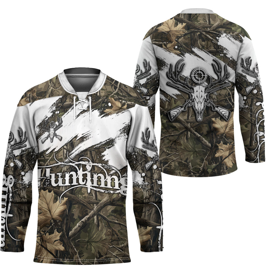 Deer Skull Hunting Hockey Jersey Camo Forest Grunge Buck Skull Crossed Rifles Target