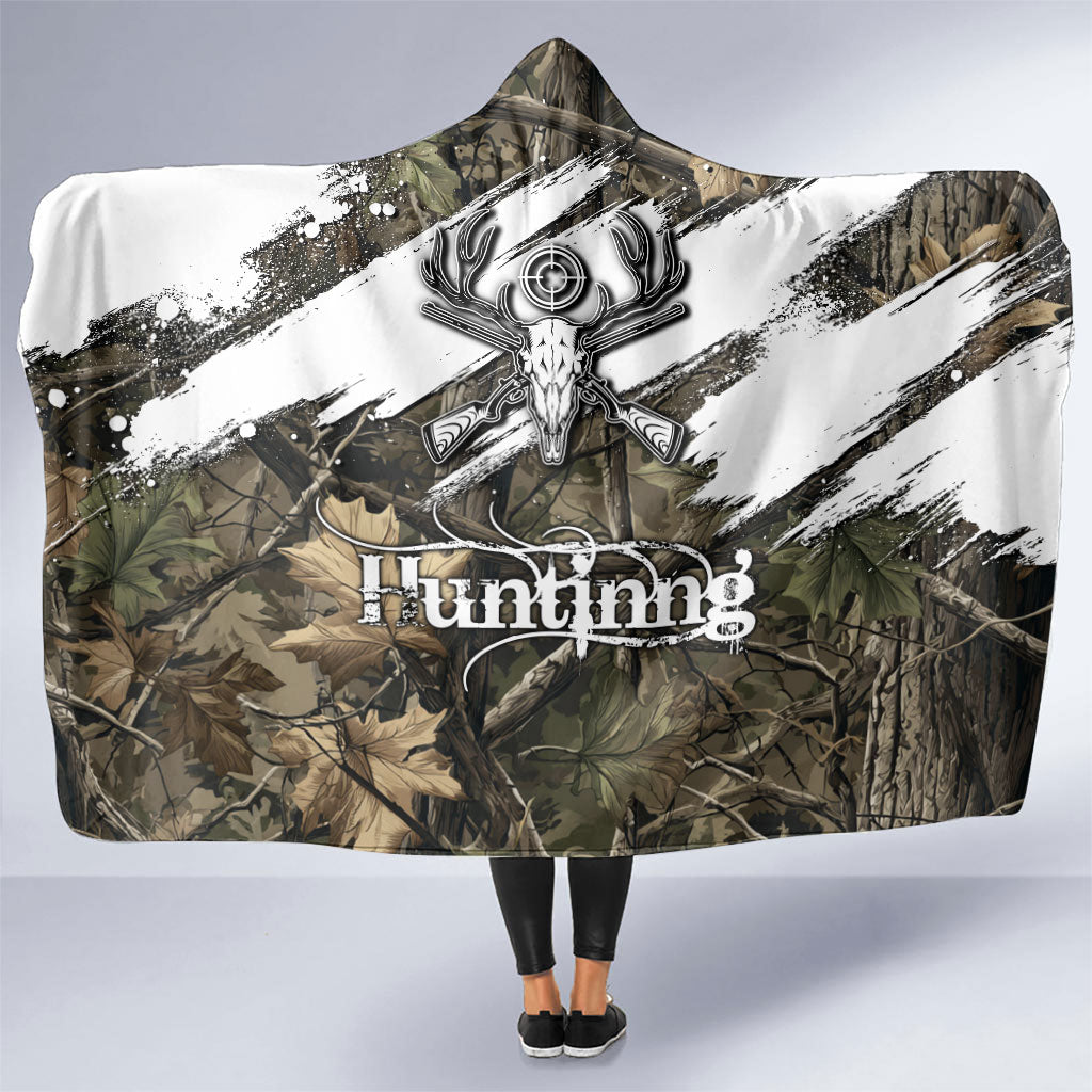 Deer Skull Hunting Hooded Blanket Camo Forest Grunge Buck Skull Crossed Rifles Target