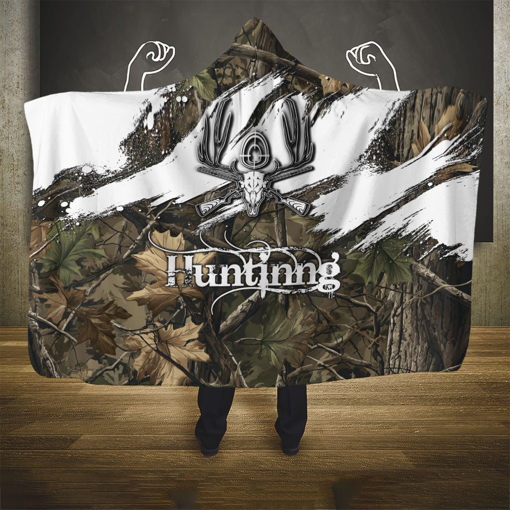 Deer Skull Hunting Hooded Blanket Camo Forest Grunge Buck Skull Crossed Rifles Target