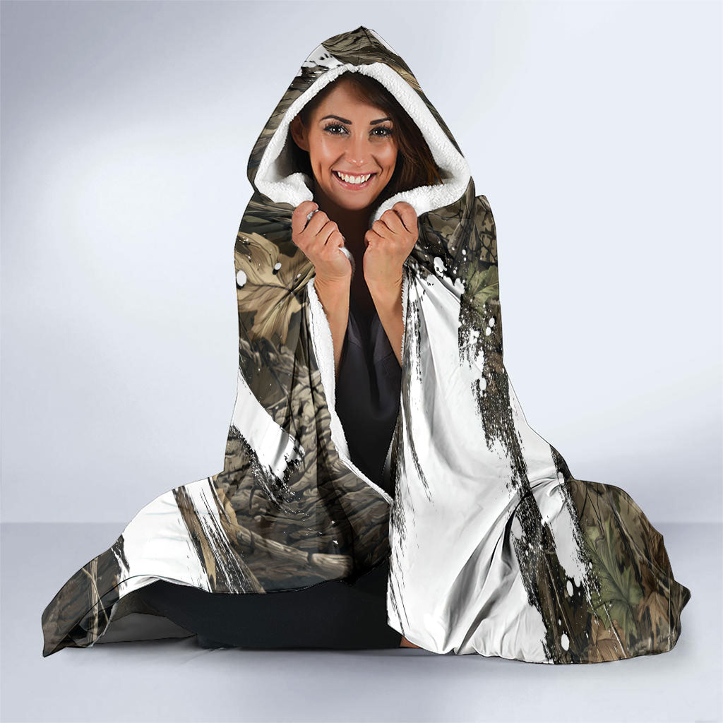 Deer Skull Hunting Hooded Blanket Camo Forest Grunge Buck Skull Crossed Rifles Target