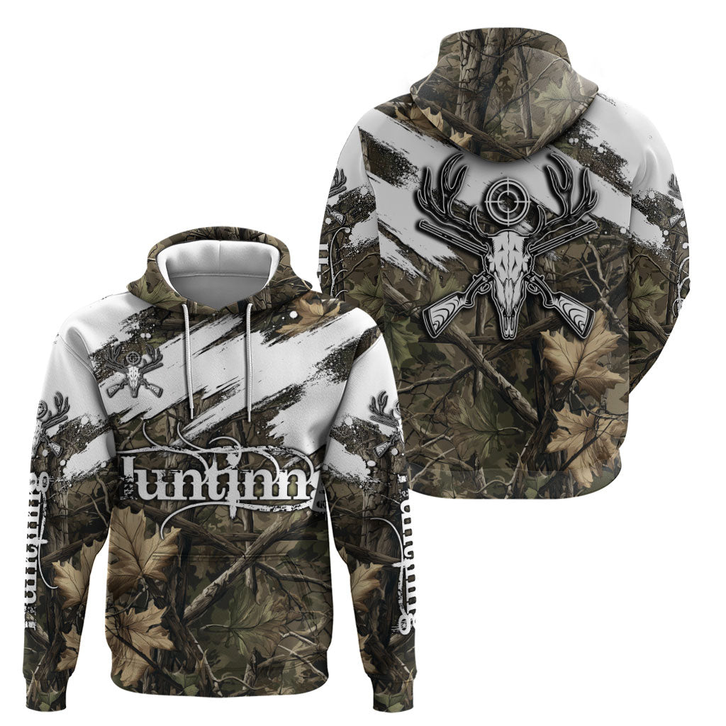 Deer Skull Hunting Hoodie Camo Forest Grunge Buck Skull Crossed Rifles Target