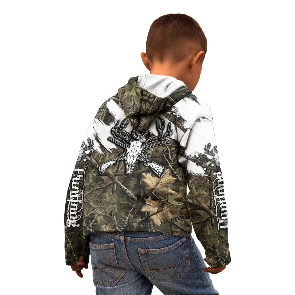 Deer Skull Hunting Kid Hoodie Camo Forest Grunge Buck Skull Crossed Rifles Target