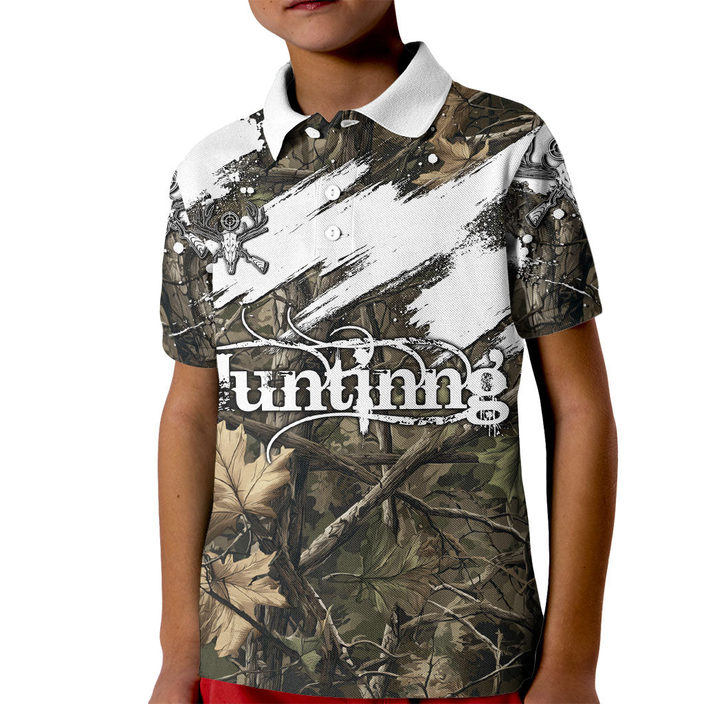 Deer Skull Hunting Kid Polo Shirt Camo Forest Grunge Buck Skull Crossed Rifles Target