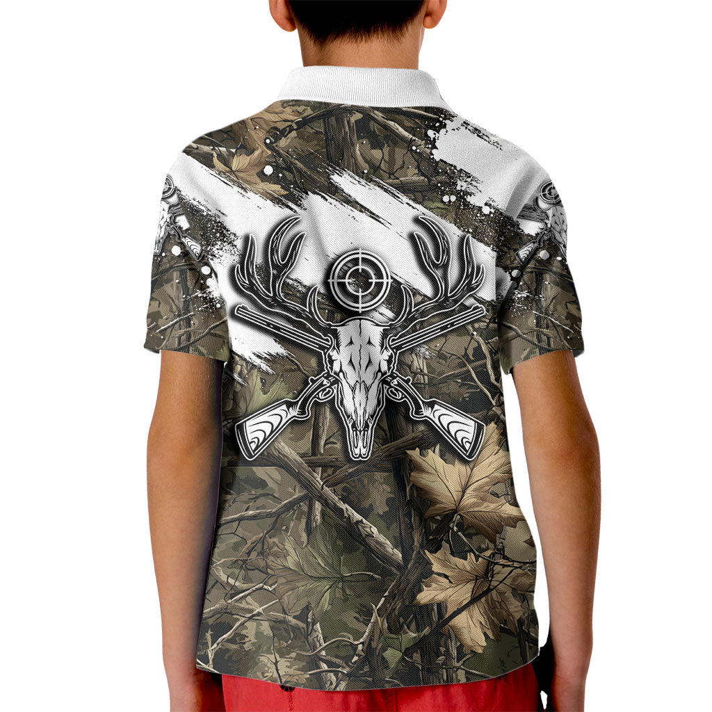 Deer Skull Hunting Kid Polo Shirt Camo Forest Grunge Buck Skull Crossed Rifles Target