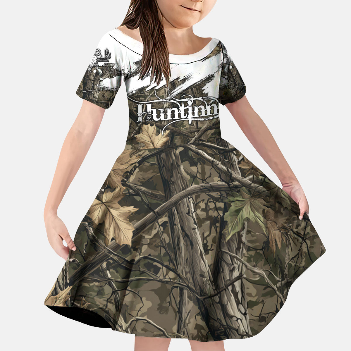 Deer Skull Hunting Kid Short Sleeve Dress Camo Forest Grunge Buck Skull Crossed Rifles Target