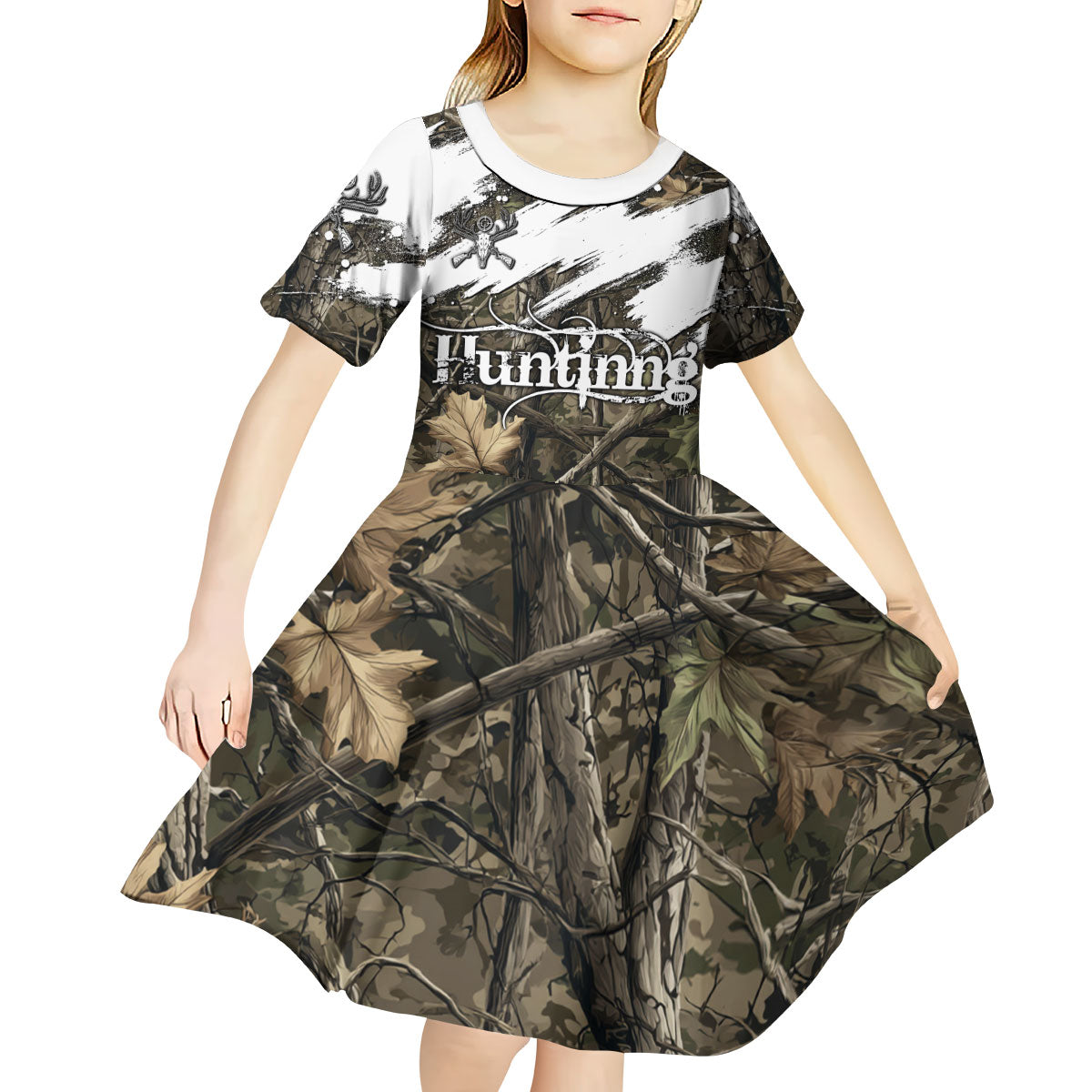 Deer Skull Hunting Kid Short Sleeve Dress Camo Forest Grunge Buck Skull Crossed Rifles Target