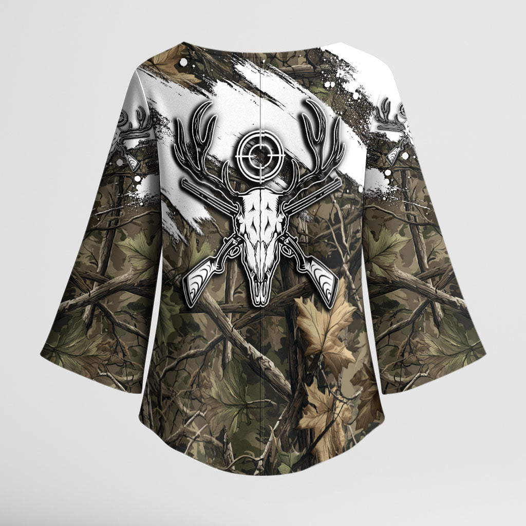 Deer Skull Hunting Kimono Sleeve Blouse Camo Forest Grunge Buck Skull Crossed Rifles Target