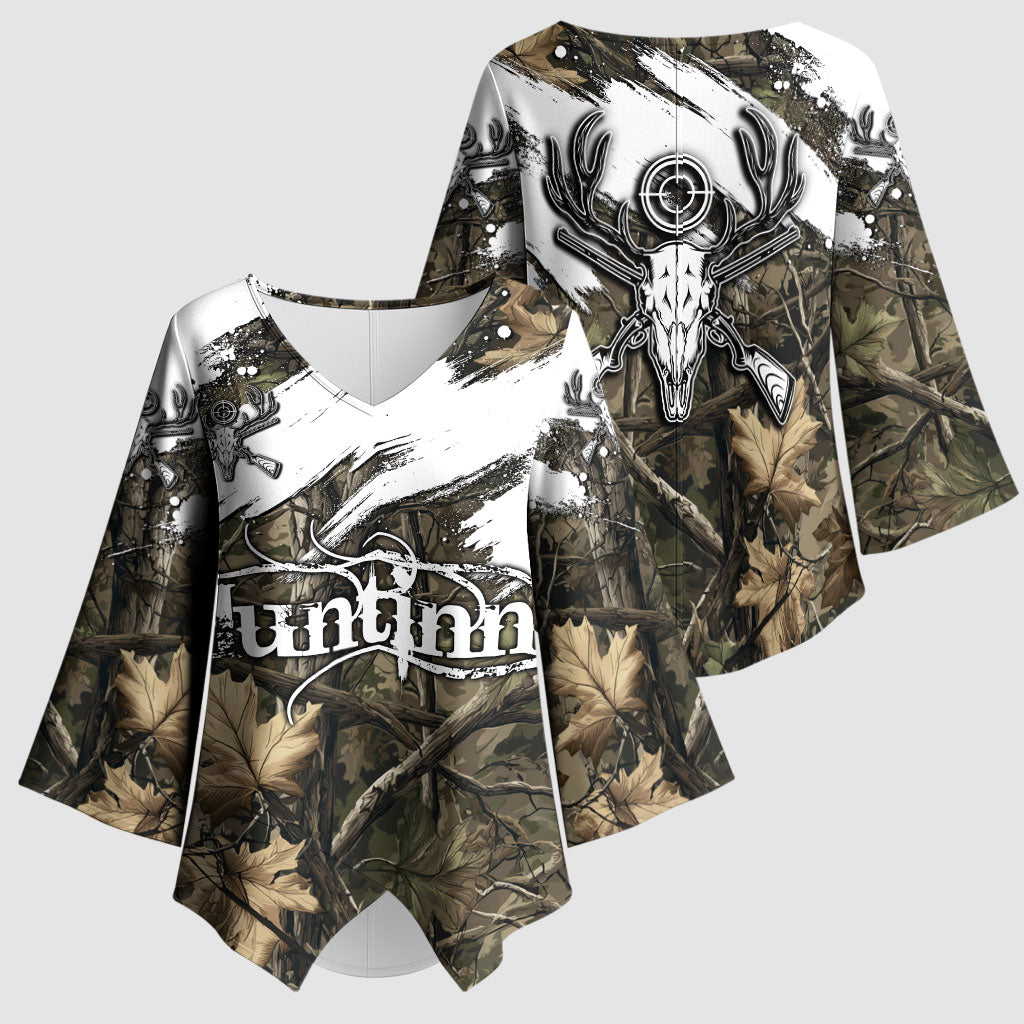Deer Skull Hunting Kimono Sleeve Blouse Camo Forest Grunge Buck Skull Crossed Rifles Target