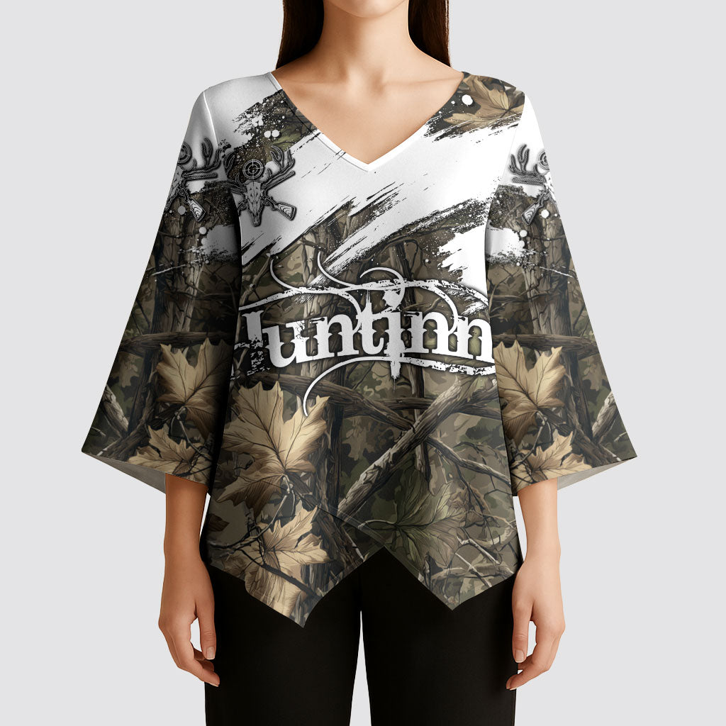 Deer Skull Hunting Kimono Sleeve Blouse Camo Forest Grunge Buck Skull Crossed Rifles Target