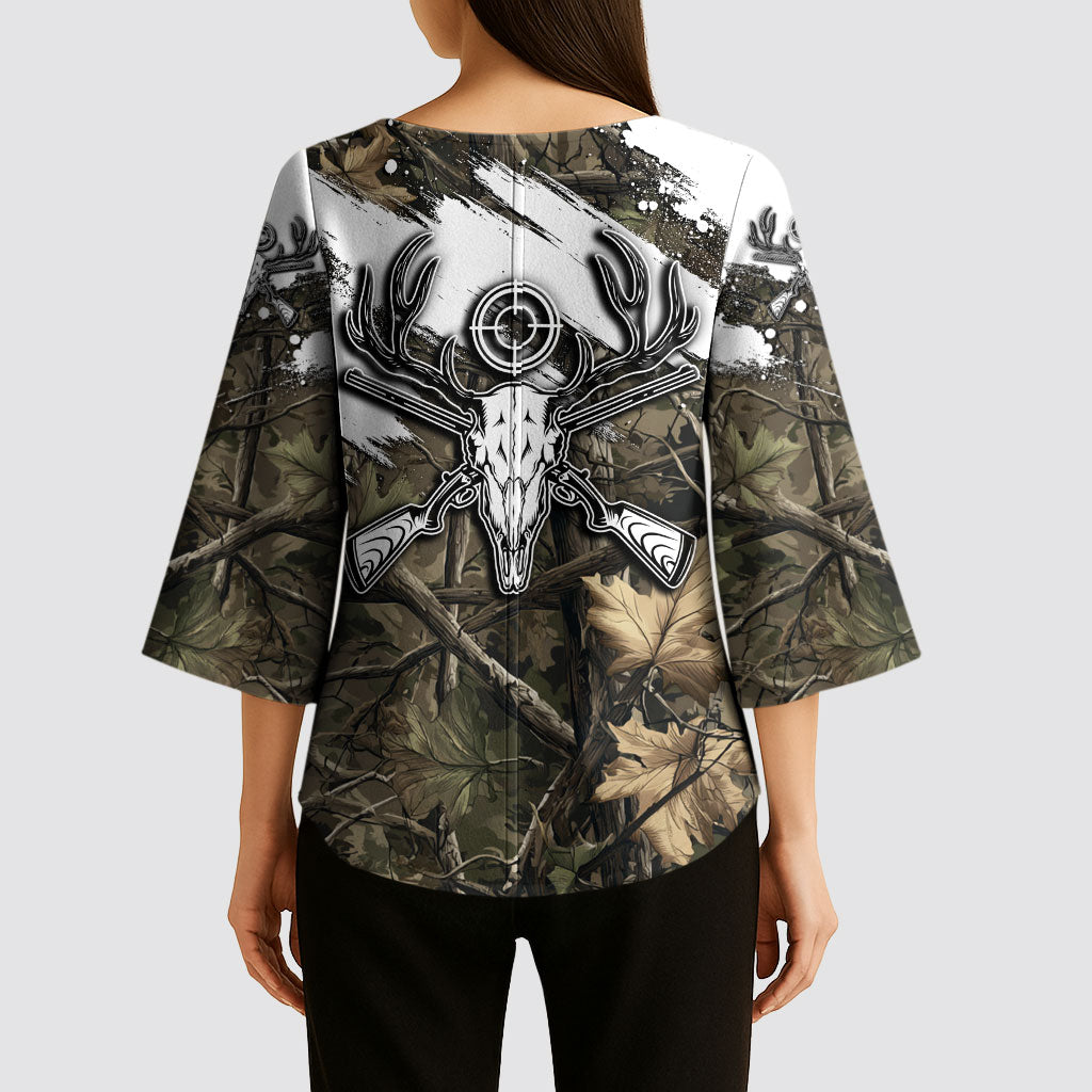 Deer Skull Hunting Kimono Sleeve Blouse Camo Forest Grunge Buck Skull Crossed Rifles Target