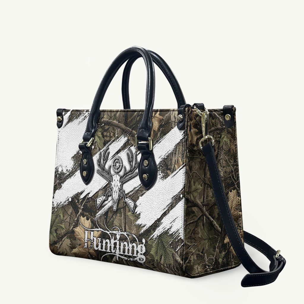 Deer Skull Hunting Leather Bag Camo Forest Grunge Buck Skull Crossed Rifles Target