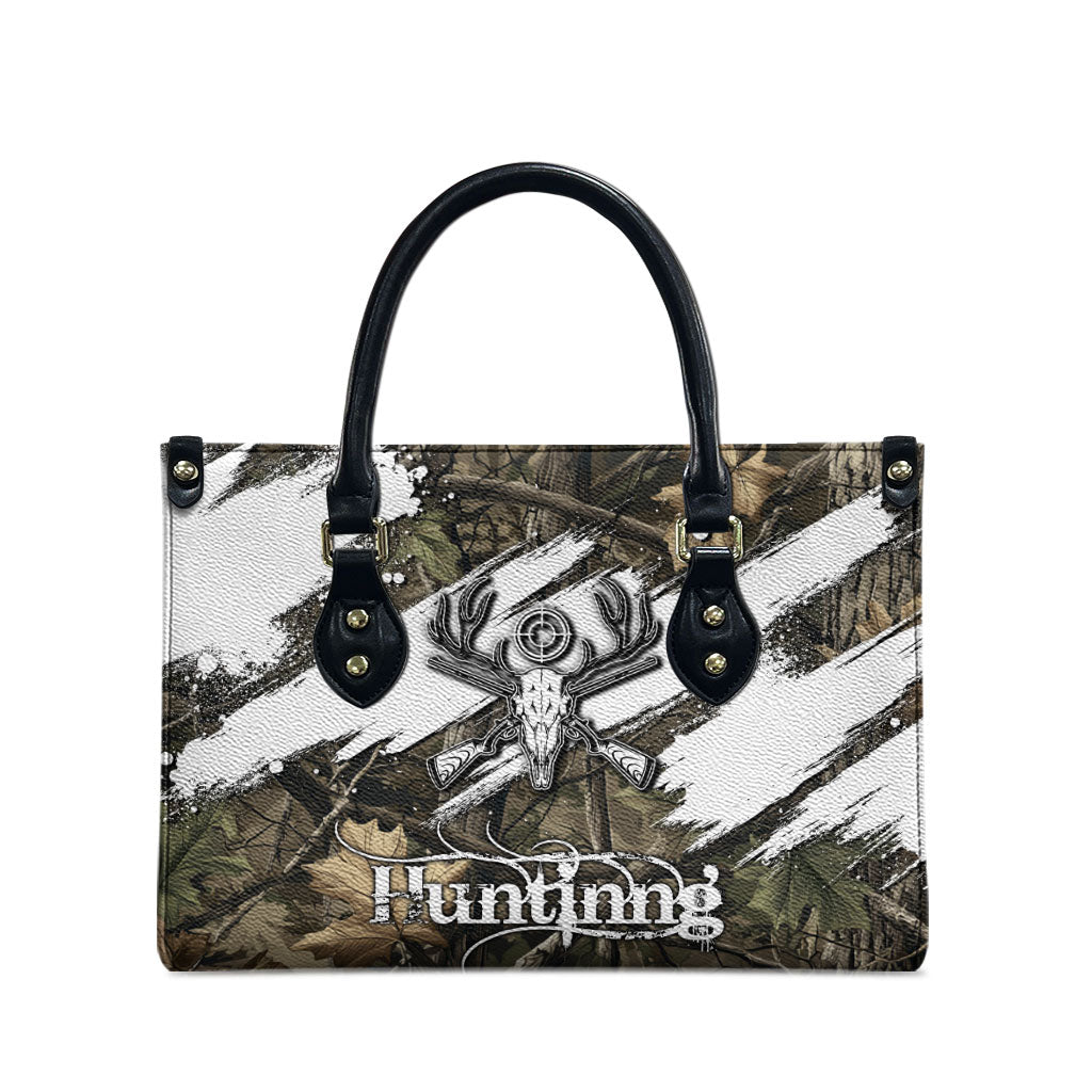 Deer Skull Hunting Leather Bag Camo Forest Grunge Buck Skull Crossed Rifles Target