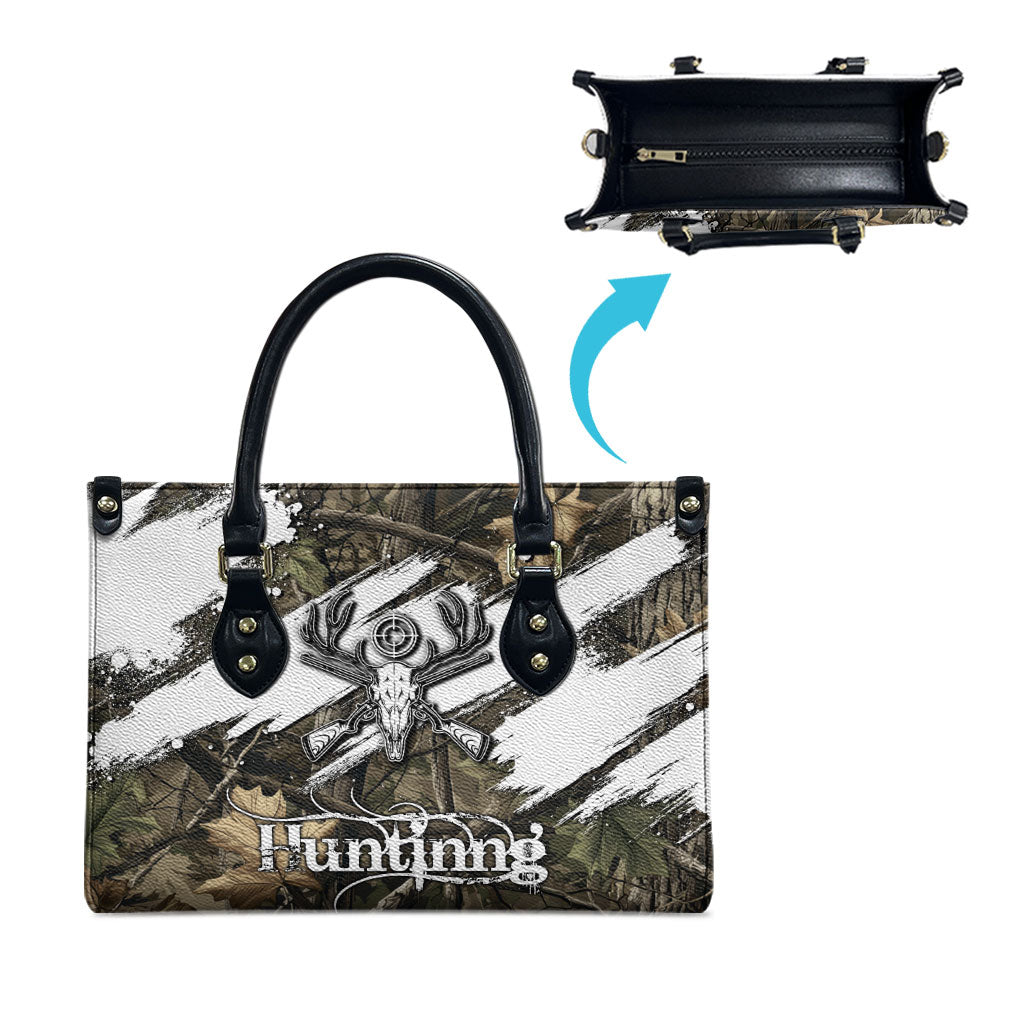 Deer Skull Hunting Leather Bag Camo Forest Grunge Buck Skull Crossed Rifles Target