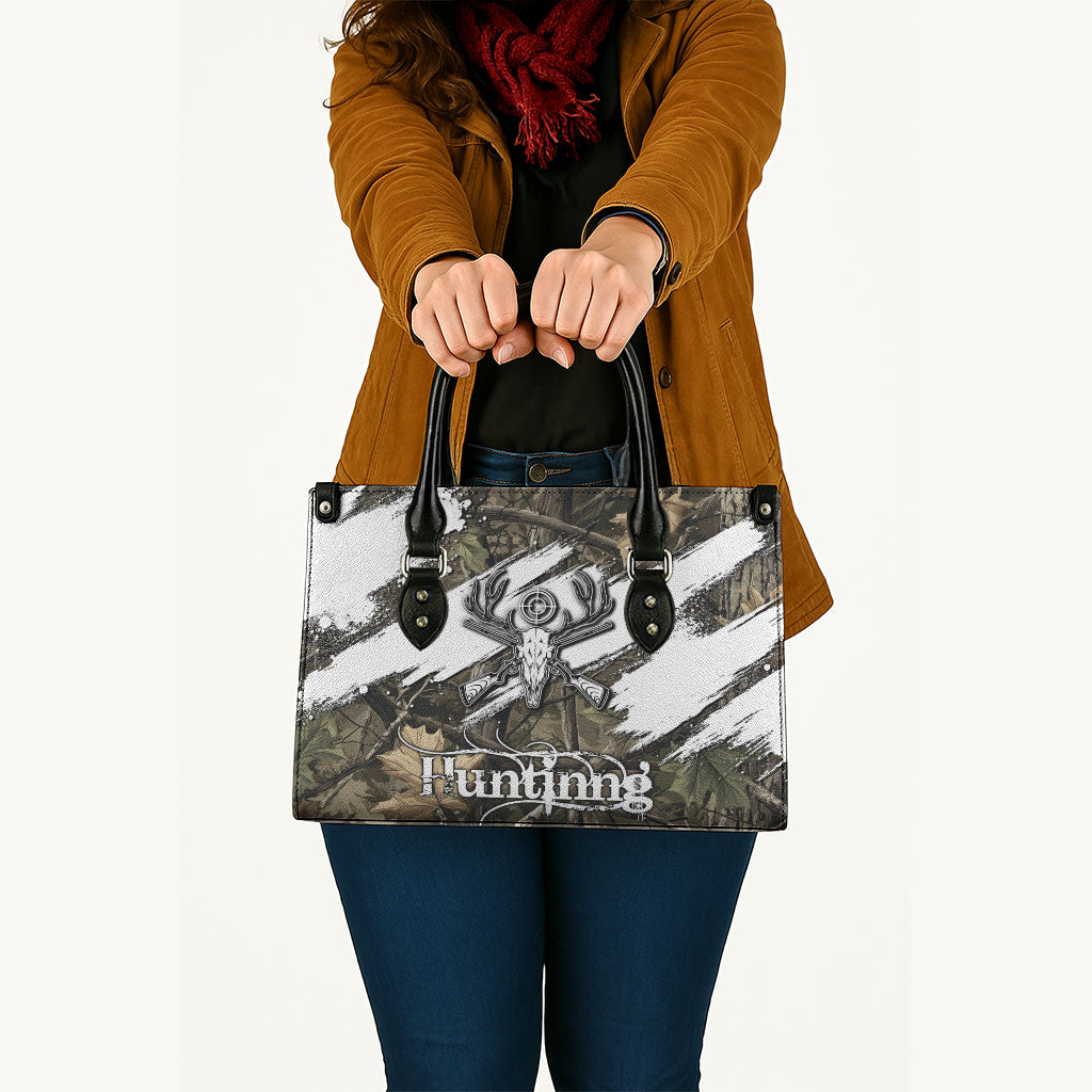 Deer Skull Hunting Leather Bag Camo Forest Grunge Buck Skull Crossed Rifles Target