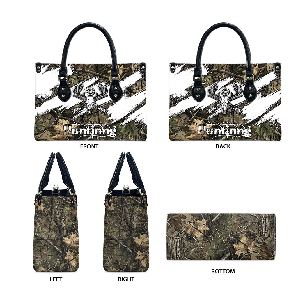 Deer Skull Hunting Leather Bag Camo Forest Grunge Buck Skull Crossed Rifles Target