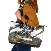 Deer Skull Hunting Leather Tote Bag Camo Forest Grunge Buck Skull Crossed Rifles Target