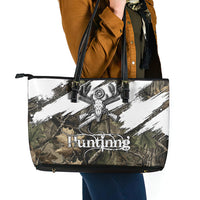 Deer Skull Hunting Leather Tote Bag Camo Forest Grunge Buck Skull Crossed Rifles Target