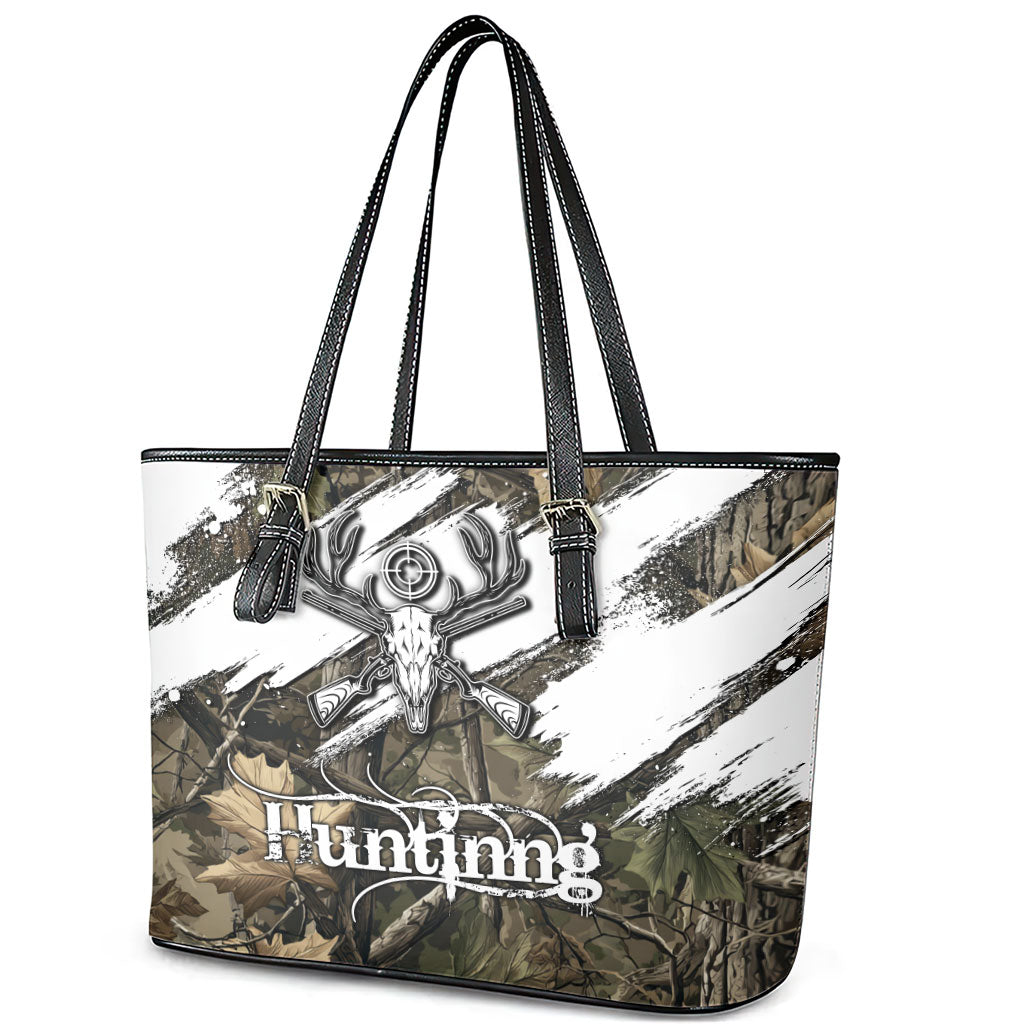 Deer Skull Hunting Leather Tote Bag Camo Forest Grunge Buck Skull Crossed Rifles Target