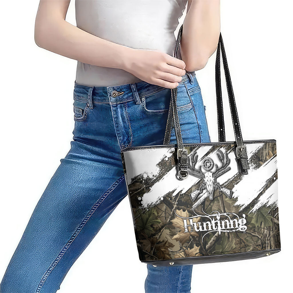 Deer Skull Hunting Leather Tote Bag Camo Forest Grunge Buck Skull Crossed Rifles Target