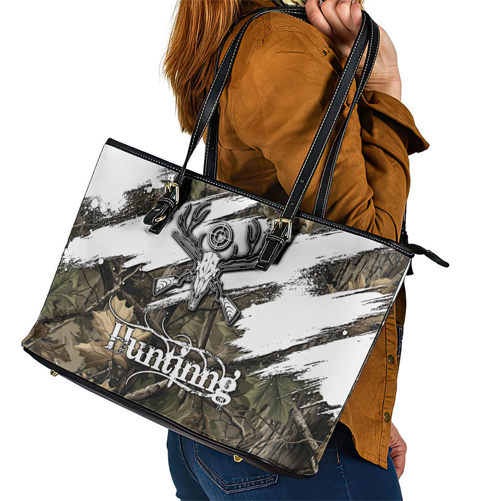 Deer Skull Hunting Leather Tote Bag Camo Forest Grunge Buck Skull Crossed Rifles Target