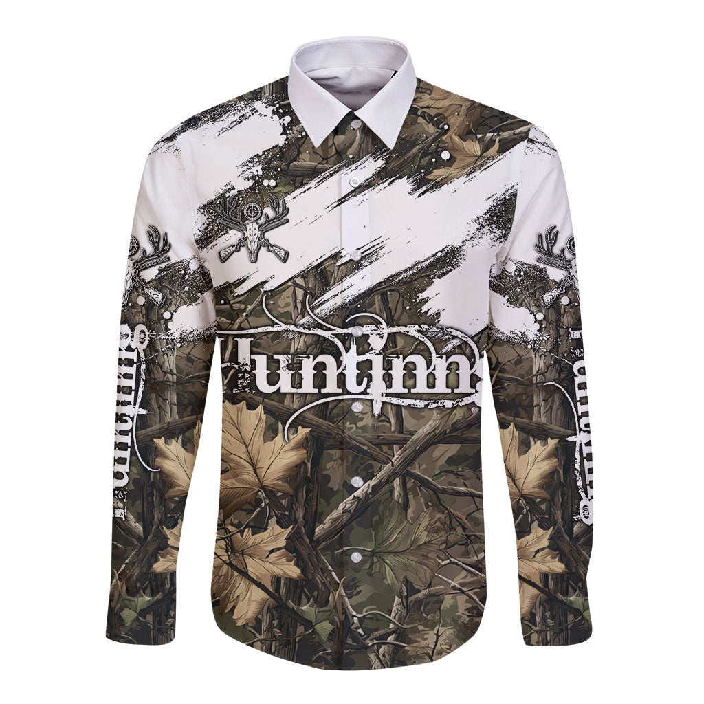 Deer Skull Hunting Long Sleeve Button Shirt Camo Forest Grunge Buck Skull Crossed Rifles Target