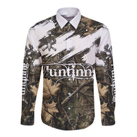 Deer Skull Hunting Long Sleeve Button Shirt Camo Forest Grunge Buck Skull Crossed Rifles Target