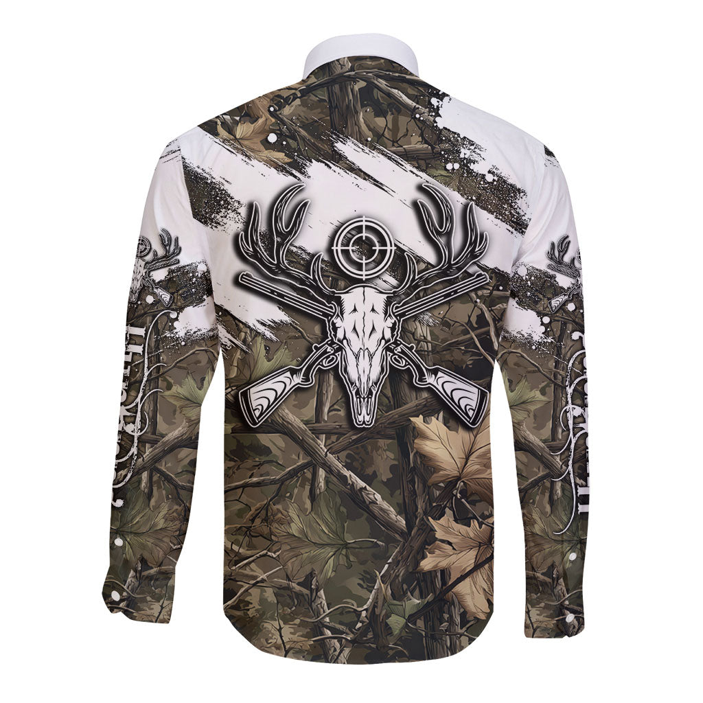 Deer Skull Hunting Long Sleeve Button Shirt Camo Forest Grunge Buck Skull Crossed Rifles Target