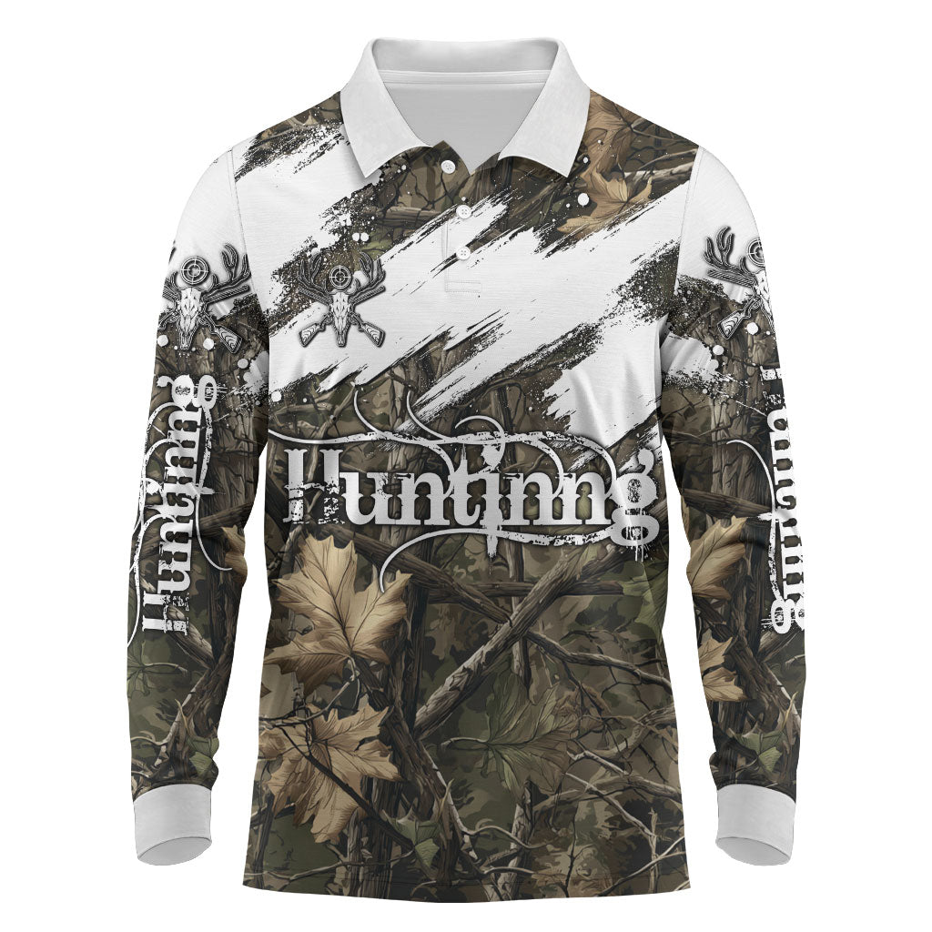 Deer Skull Hunting Long Sleeve Polo Shirt Camo Forest Grunge Buck Skull Crossed Rifles Target