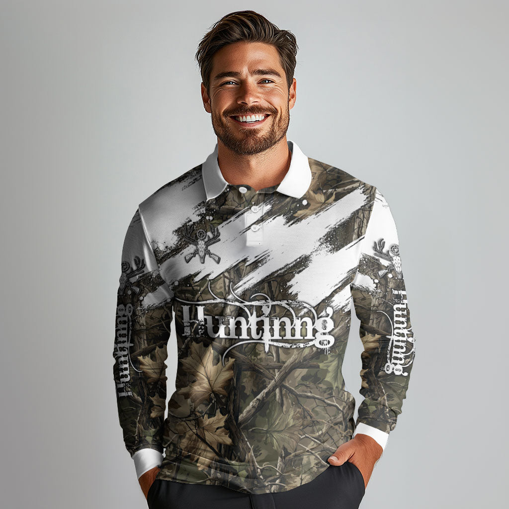 Deer Skull Hunting Long Sleeve Polo Shirt Camo Forest Grunge Buck Skull Crossed Rifles Target